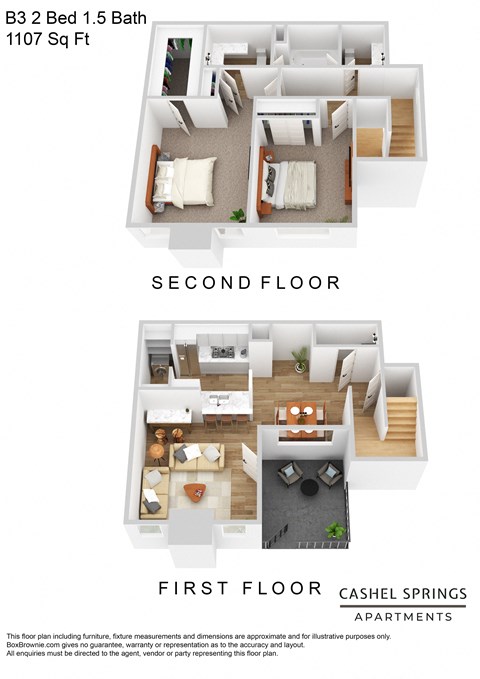 A floor plan for a 1.5 bath apartment with two bedrooms and 1107 square feet   at Cashel Springs, Texas, 77069
